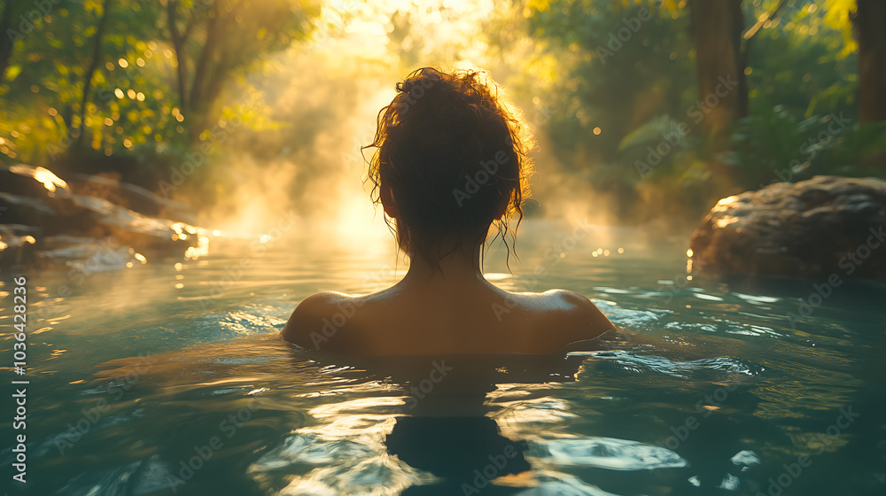 Peaceful Woman Relaxing in a Tranquil Forest Hot Spring at Sunrise Peaceful Woman Relaxing in a Tranquil Forest Hot Spring at Sunrise