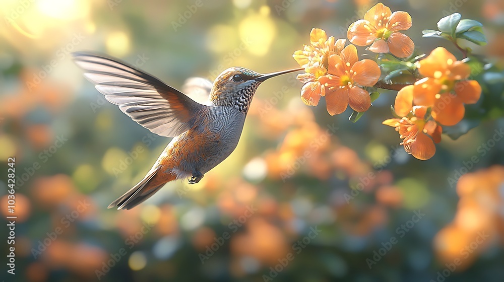 Fototapeta premium Captivating hummingbird in flight pollinates vibrant orange blossoms under soft sunlight showcasing nature's beauty and intricate details