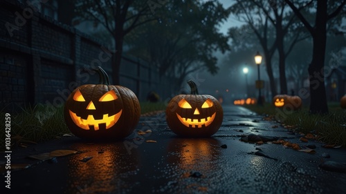 Wallpaper Mural Two lit jack-o'-lanterns on a misty Halloween night street with other pumpkins in the background. Torontodigital.ca