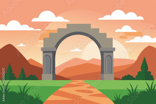 Parallax background with landscape with stone arch vector