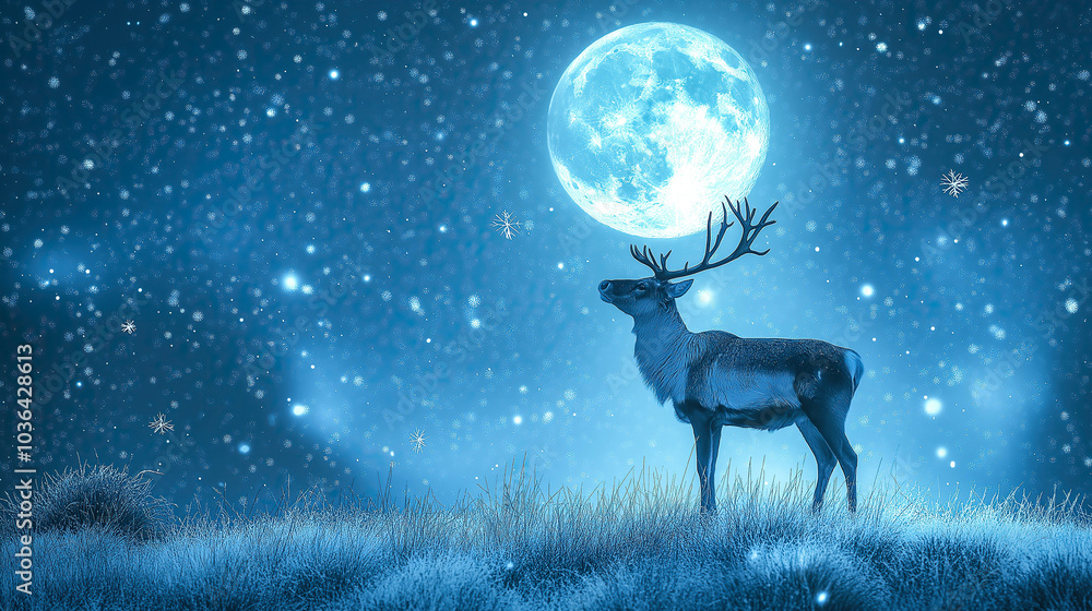 A reindeer stands on a grassy hill under the full moon. The concept of Christmas, nature, serenity, and wildlife under a mystical night sky. Generative AI. A reindeer stands on a grassy hill under the full moon. The concept of Christmas, nature, serenity, and wildlife under a mystical night sky. Generative AI.