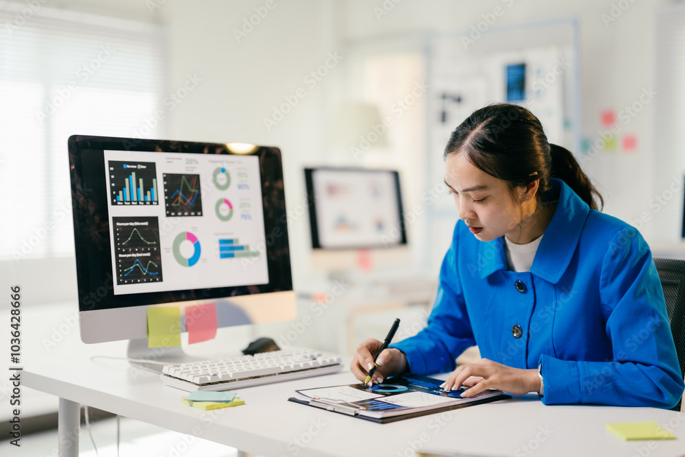 Focused businesswoman works with data and charts in a modern office, showcasing her expertise in finance and business Focused businesswoman works with data and charts in a modern office, showcasing her expertise in finance and business