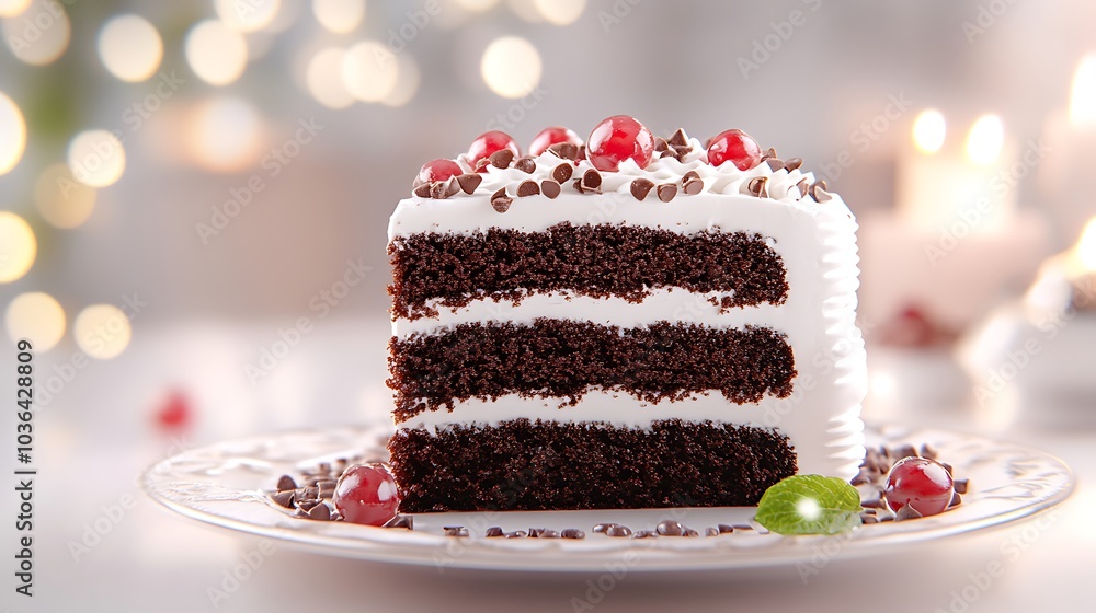 Indulge in a decadent layered chocolate cake with whipped cream and garnished with fresh red berries for a perfect dessert experience Indulge in a decadent layered chocolate cake with whipped cream and garnished with fresh red berries for a perfect dessert experience