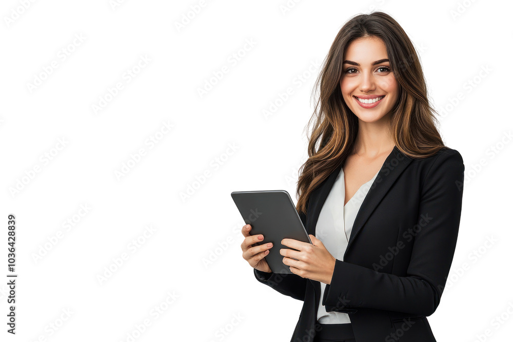 A smiling businesswoman stands confidently in an office, holding a laptop isolated on transparent and white background.PNG image A smiling businesswoman stands confidently in an office, holding a laptop isolated on transparent and white background.PNG image