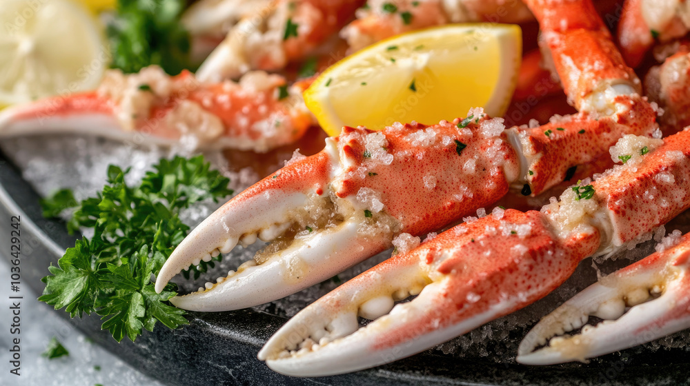 Close-up of snow crab claws dipped in cocktail sauce, with a lemon wedge and parsley for decoration. --chaos Close-up of snow crab claws dipped in cocktail sauce, with a lemon wedge and parsley for decoration. --chaos