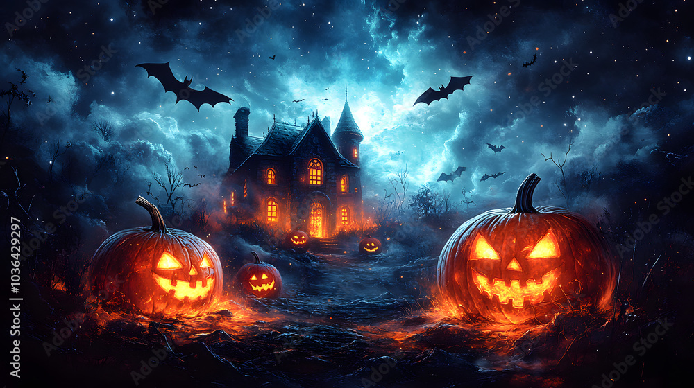 Spooky Haunted House in the Background with Glowing Windows, Dark Trees, and a Full Moon Setting an Eerie Atmosphere.
Spooky Haunted House in the Background with Glowing Windows, Dark Trees, and a Full Moon Setting an Eerie Atmosphere.