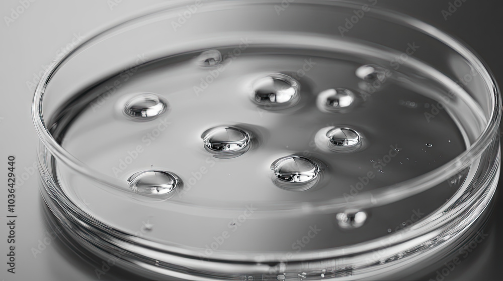 Close-up of transparent serum droplets in a petri dish, reflecting light and forming a delicate pattern on the glass surface. The pristine liquid evokes a sense of precision in science. Close-up of transparent serum droplets in a petri dish, reflecting light and forming a delicate pattern on the glass surface. The pristine liquid evokes a sense of precision in science.