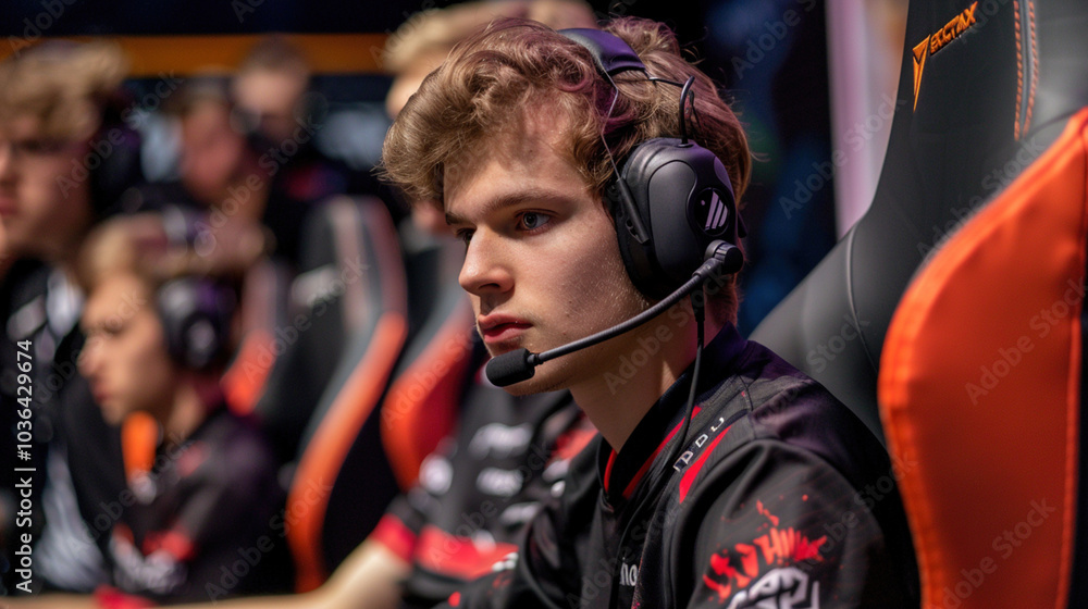 Competitive esports player sitting in a sleek gaming chair, strategizing with teammates over a headset during a live tournament. Competitive esports player sitting in a sleek gaming chair, strategizing with teammates over a headset during a live tournament.