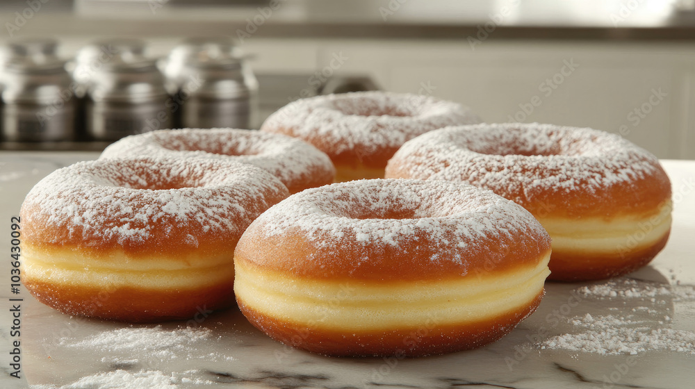 Donuts dusted with powdered sugar on a marble countertop, with scattered sugar and crumbs around them for a freshly baked presentation --chaos Donuts dusted with powdered sugar on a marble countertop, with scattered sugar and crumbs around them for a freshly baked presentation --chaos