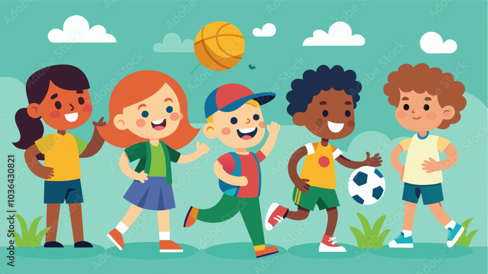 The league promotes diversity and inclusivity with children from all backgrounds coming together to play sports and make new friends.. Vector illustration The league promotes diversity and inclusivity with children from all backgrounds coming together to play sports and make new friends.. Vector illustration