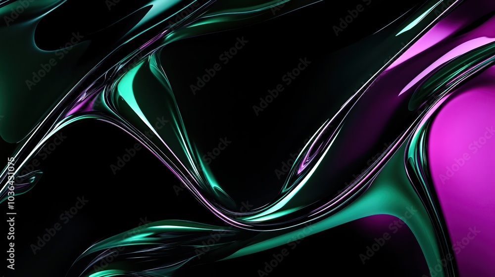 Abstract digital art of green and purple liquid swirls on a black background. A modern and futuristic aesthetic. Abstract digital art of green and purple liquid swirls on a black background. A modern and futuristic aesthetic.