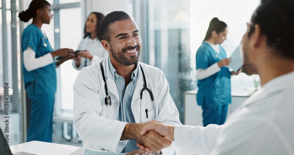 Φωτογραφία Meeting, shaking hands and doctors in office at hospital for pharmaceutical deal with medical treatment