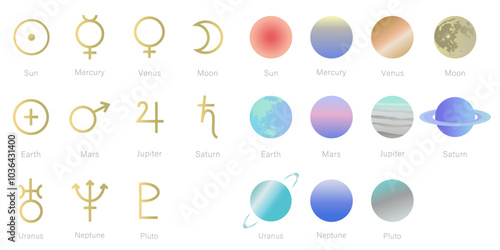 惑星記号と太陽系惑星のイラストセット　挿絵　背景イラスト　太陽　月　地球　惑星