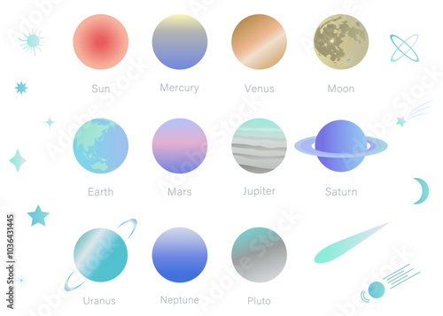 太陽系惑星のイラストセット　挿絵　背景イラスト　太陽　月　地球　惑星
