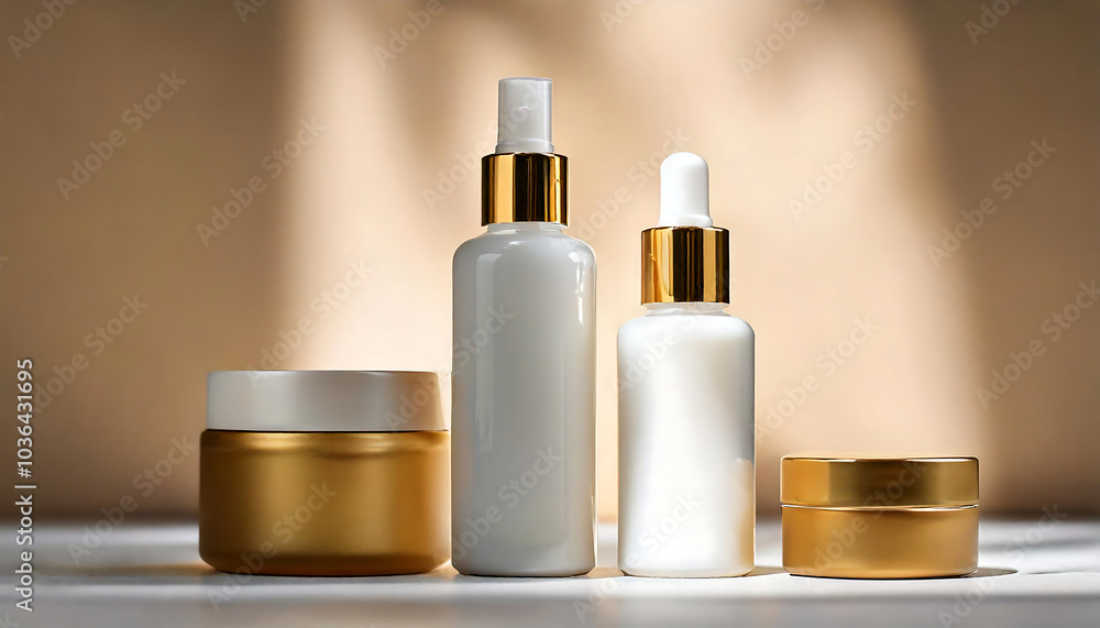 luxury two different care products with gold cap and white colors, close-up shot, minimalist luxury two different care products with gold cap and white colors, close-up shot, minimalist