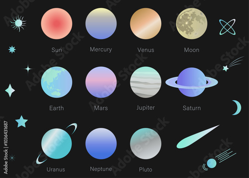 太陽系惑星のイラストセット　挿絵　背景イラスト　太陽　月　地球　惑星