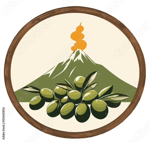 Vector illustration of a smoking volcanic mountain surrounded by ripe green olives and branches in a wooden circle emblem design, symbolizing Mediterranean harvest