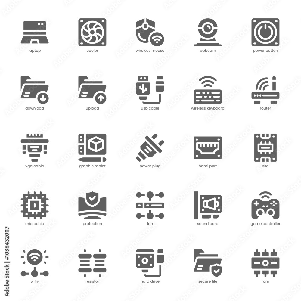 Computer Component icon pack for your website, mobile, presentation, and logo design. Computer Component icon glyph design. Vector graphics illustration and editable stroke. Computer Component icon pack for your website, mobile, presentation, and logo design. Computer Component icon glyph design. Vector graphics illustration and editable stroke.