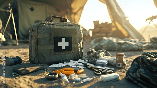 Military First Aid Kit in Dusty Tent Environment Amidst Medical Supplies - Urgency and Preparedness for Battlefield Conditions photo