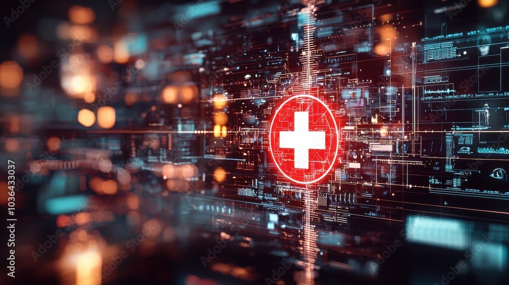 Fototapeta premium Futuristic Medical Technology Concept with Glowing Red Cross Symbol and Vital Signs on Electronic Screens