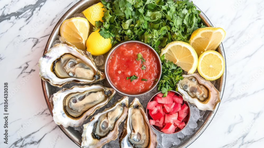 Fresh oysters in shell served with a variety of garnishes, including lemon, mignonette sauce, and fresh herbs on a metal tray. --chaos Fresh oysters in shell served with a variety of garnishes, including lemon, mignonette sauce, and fresh herbs on a metal tray. --chaos
