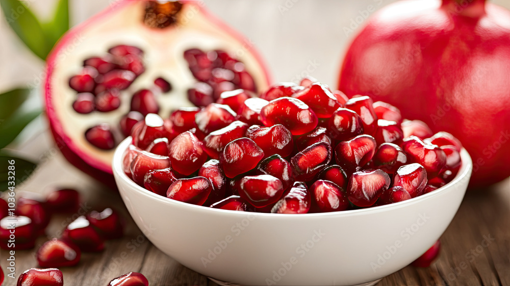 Fresh pomegranate seeds arranged in a small white bowl, with a halved pomegranate in the background, highlighting their bright red color and texture --chaos Fresh pomegranate seeds arranged in a small white bowl, with a halved pomegranate in the background, highlighting their bright red color and texture --chaos
