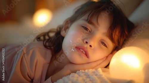 Child with severe toothache, holding jaw, bedroom setting, tear-streaked face, soft lamp light, close-up, tender moment photo