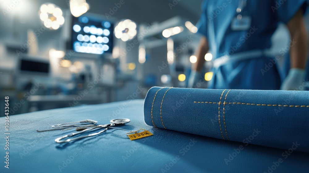 Detailed Close-up of Blue Doctor Scrubs on Pristine Exam Table with Soft Focus Background Detailed Close-up of Blue Doctor Scrubs on Pristine Exam Table with Soft Focus Background