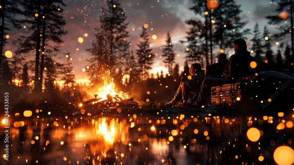 Fototapeta premium Starry Night Campfire: Friends Bonding Around Fire Pit in Forest by Lake with Twinkling Stars