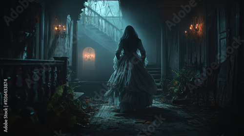 In the haunting stillness of a crumbling Victorian ballroom, a terrifying ghost with a tattered dress and ghostly features lingers beneath the remains of shattered chandeliers.