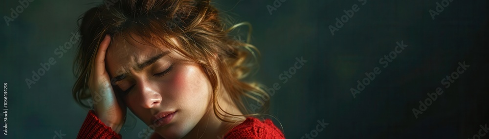 Parent with chronic headache, dark room, holding head, soft lamp light, melancholic atmosphere, side angle, warm tones Parent with chronic headache, dark room, holding head, soft lamp light, melancholic atmosphere, side angle, warm tones