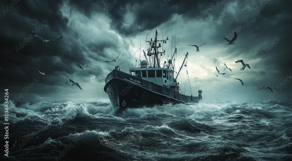A fishing boat braves a stormy sea with dark clouds above, while seagulls soar through the air. A fishing boat braves a stormy sea with dark clouds above, while seagulls soar through the air.