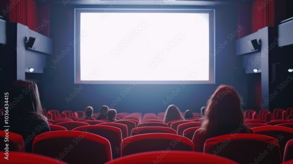 Fototapeta premium Audience watching blank screen in a movie theater with red seating and dim lighting