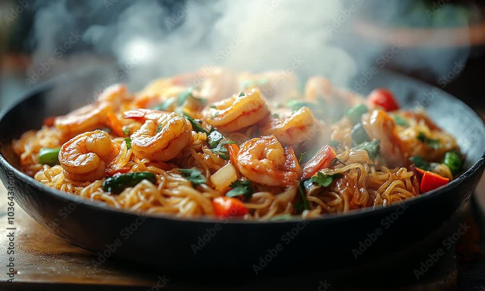 A steaming plate of shrimp stir-fry with noodles and vegetables. A steaming plate of shrimp stir-fry with noodles and vegetables.