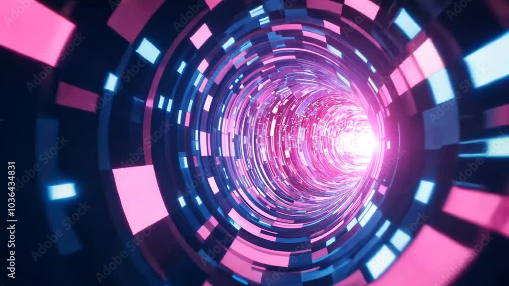 Futuristic neon tunnel with vibrant pink and blue lights.