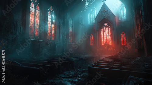 An eerie Victorian church with crumbling stained glass windows, moonlight streaming through the windows and covered in fog.