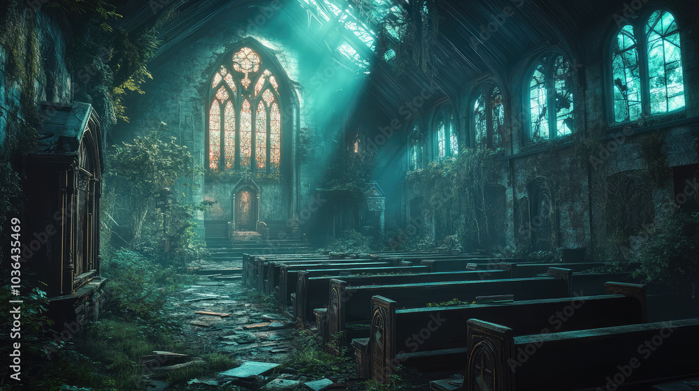Fototapeta premium Moonlight casts eerie shadows on the crumbling stone walls of the abandoned Victorian church, where a cold wind sweeps through the shattered stained glass.