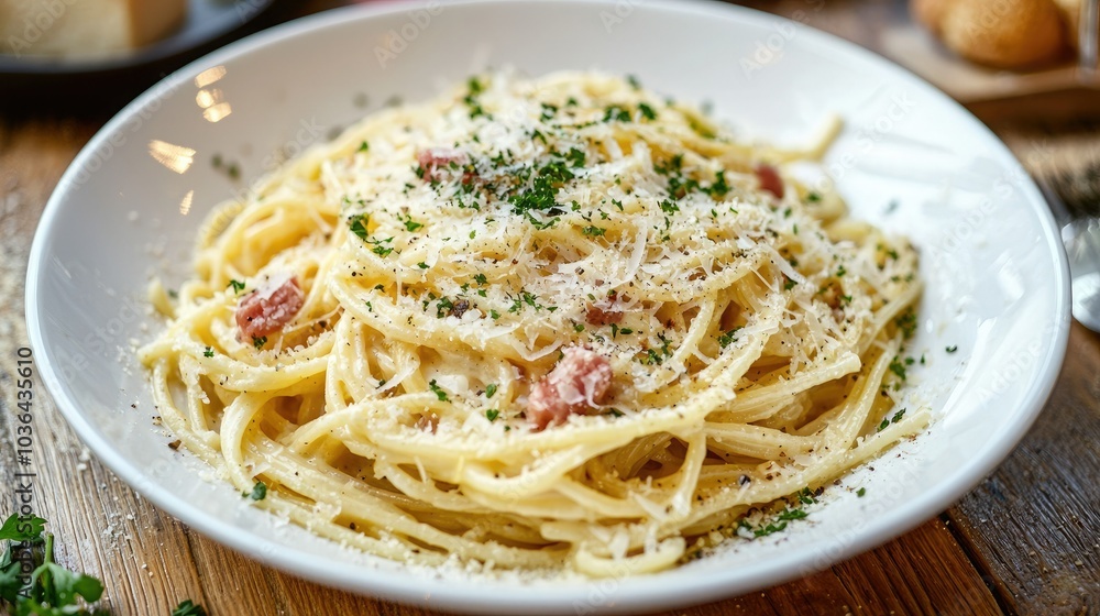 Spaghetti carbonara served in a white bowl with a sprinkling of Parmesan cheese on top Spaghetti carbonara served in a white bowl with a sprinkling of Parmesan cheese on top
