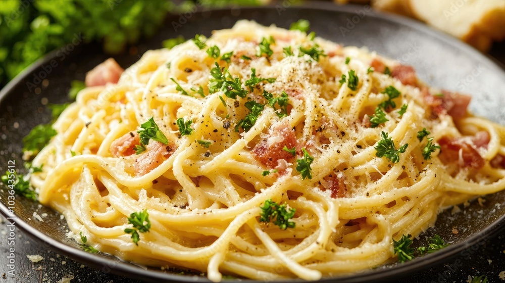 Plate of spaghetti carbonara with creamy sauce and crispy pancetta, garnished with parsley. Plate of spaghetti carbonara with creamy sauce and crispy pancetta, garnished with parsley.