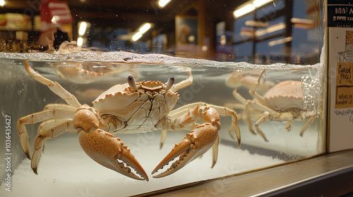 Live snow crab in a tank at a seafood market, with bubbles rising through the water and other crabs in the background. --chaos photo