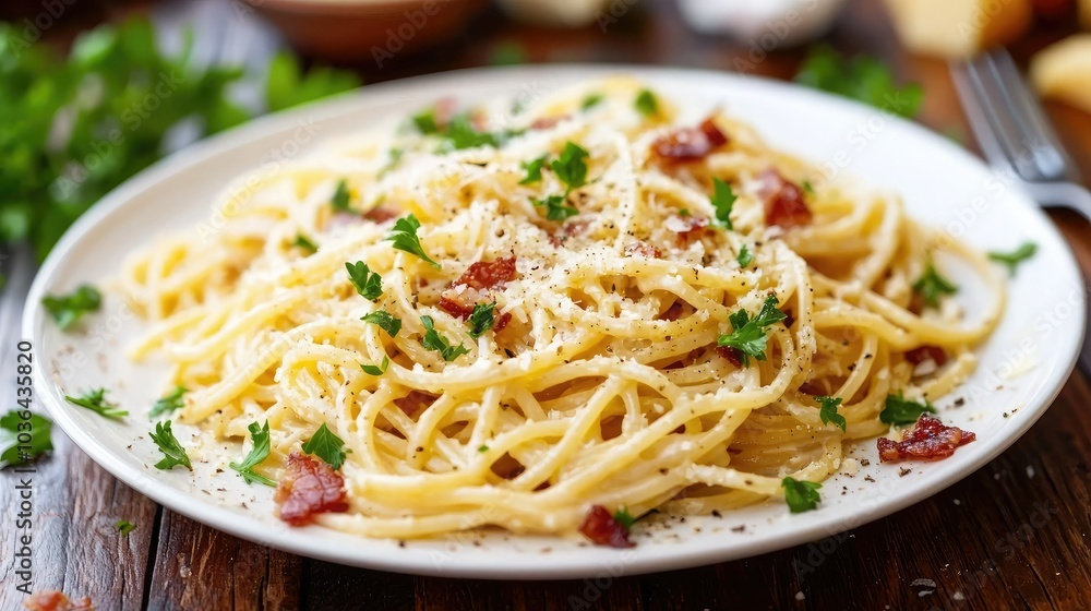 Plate of spaghetti carbonara with creamy sauce and crispy pancetta, garnished with parsley. Plate of spaghetti carbonara with creamy sauce and crispy pancetta, garnished with parsley.
