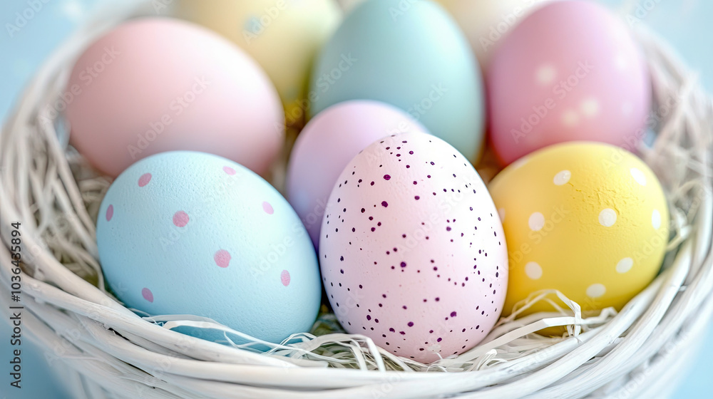 Pastel-colored Easter eggs in light blue, pink, and yellow arranged in a white basket, creating a festive and soft holiday mood --chaos Pastel-colored Easter eggs in light blue, pink, and yellow arranged in a white basket, creating a festive and soft holiday mood --chaos