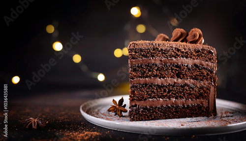  cinematic film still chocolate, chocolate cake, dark background, quality photo, moist texture