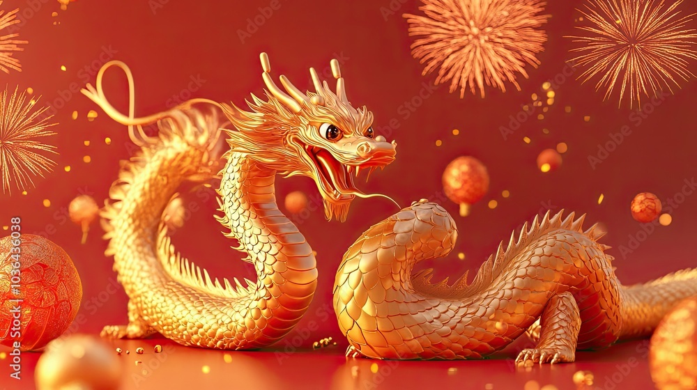 Obraz premium Golden Chinese Dragon with Fireworks and Red Background