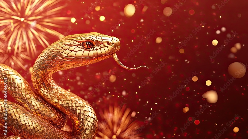 Golden Snake with Fireworks and Confetti on Red Background Golden Snake with Fireworks and Confetti on Red Background
