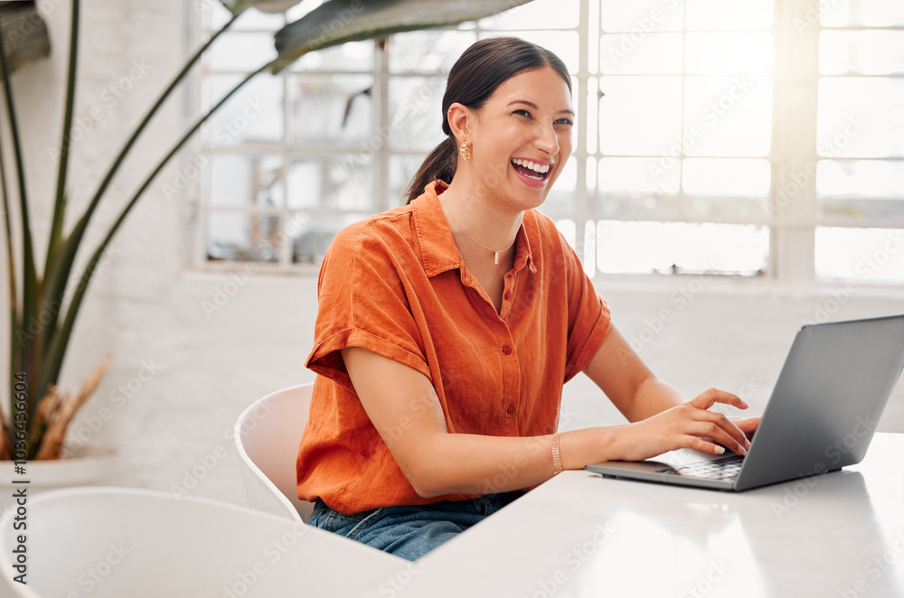 © KayExam/peopleimages.com - Woman, happy and typing with laptop in office for planning, inspiration and story at media company. Person, writer and excited with computer for article, feedback and newsletter at creative agency