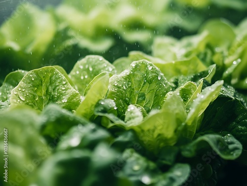 A close-up of young lettuce plants growing on a wet tarp in a garden, covered in morning dew droplets.