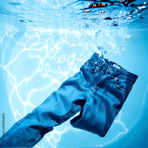 A pair of blue denim jeans is captured floating under the crystal clear water. Rejuvenate, decontamination and washing machine concept photo