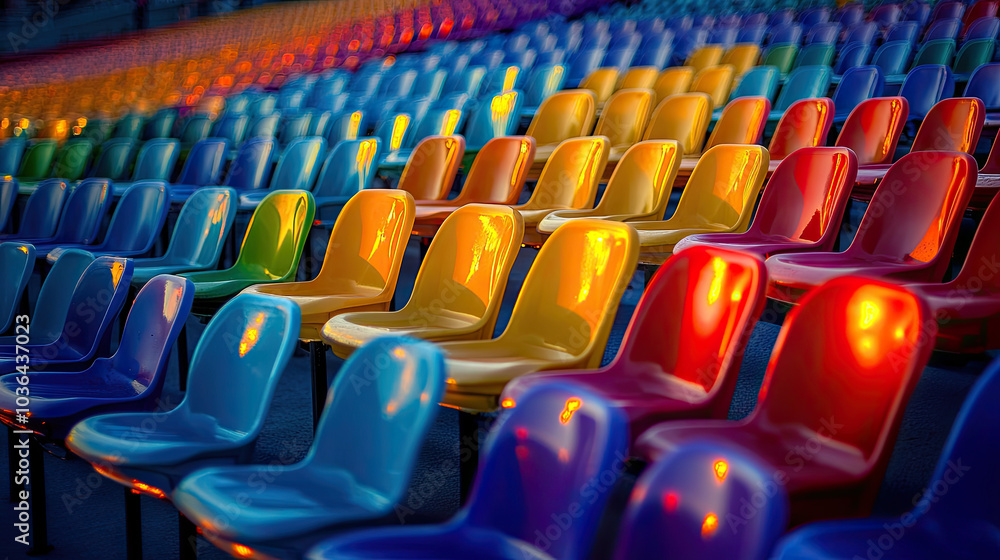 Fototapeta premium Rows of empty plastic chairs bathed in the soft glow of evening light, the stadium quiet and deserted. The colorful seats wait in silence for the excitement of the next crowd.
