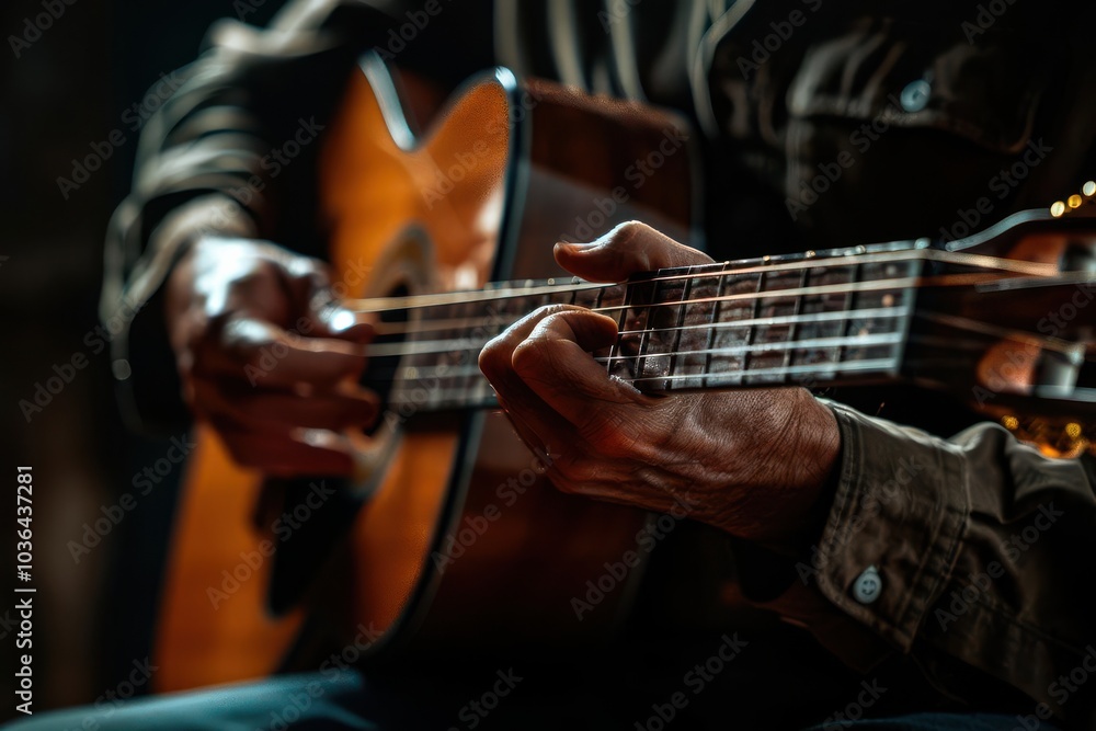 Obraz premium Musician with throbbing hand, straining to play, yearning for expression, sitting on empty stage, spotlight, dramatic shadows